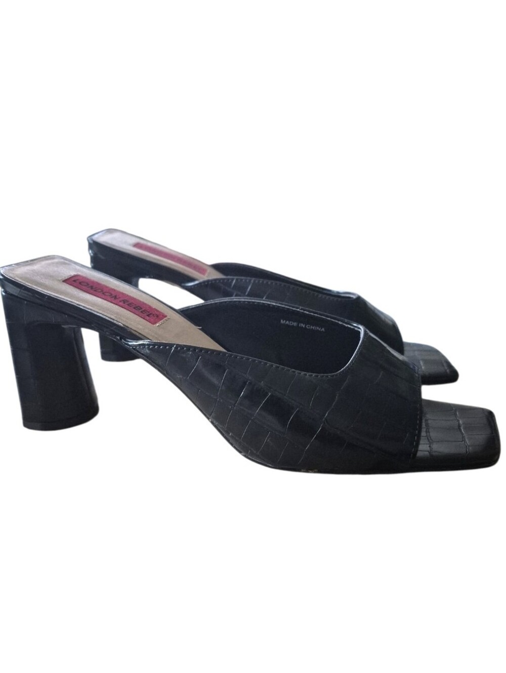 London Rebel Black Croc Embossed Square Toe Block Mule Sz 41 - Picture 2 of 6
